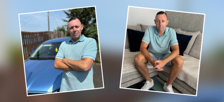 Scott Troy pictured standing next to his blue car then pictured sitting on his couch looking into camera.