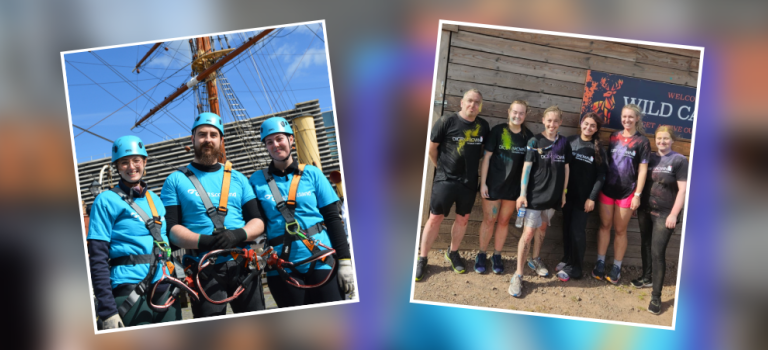 Digby Brown staff pictured on the left at the Dundee Mast Climb and on the right at the Rainbow Obstacle Run