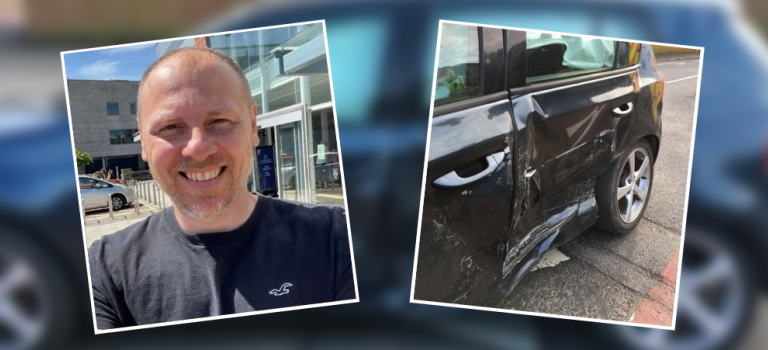 David pictured on the left and his car, smashed from the impact of the crash, pictured on the right