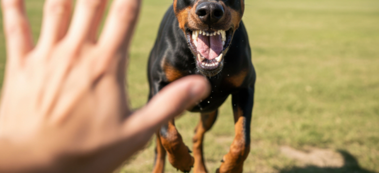 A dog is pictured barking and approaching someone's hand.