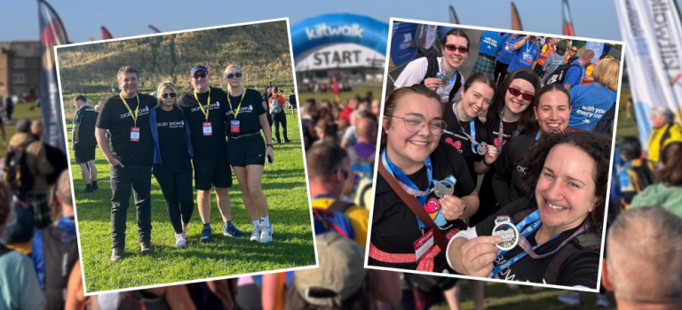 Edinburgh Kiltwalk - left image shows Kirkcaldy staff standing together and right image shows Edinburgh staff standing together at the finish line holding their medals and smiling