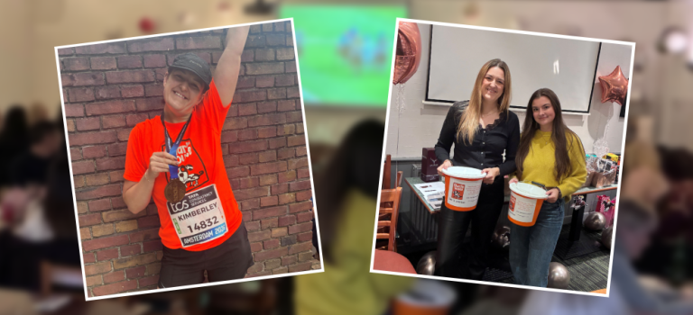 Image on right shows two Aberdeen staff shown holding fundraising buckets for Charlie House, image on left shows Kimberley from our Aberdeen office holding her medal and smiling after completing the Amsterdam Marathon