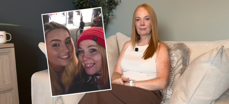 Wendy Ghekis pictures sitting on a white couch. A picture of her with her daughter, Becca, is overlayed on the left.
