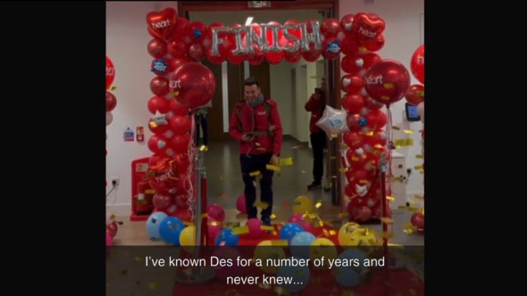 Des at finish of his Great Walk to Glasgow